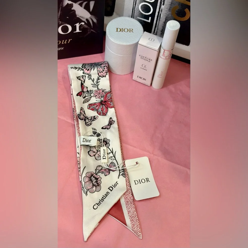 NWT DIOR BEAUTE Cream/Pink 100% Silk Scarf/Serum/Maximizer 3D Mascara Primer